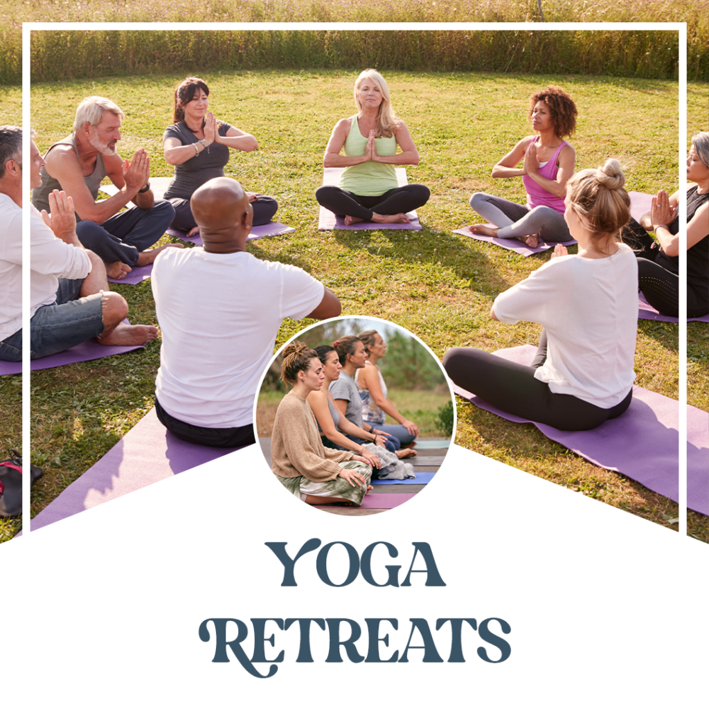 a group of people sitting on the ground at a yoga retreat.